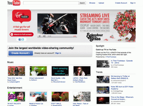 YouTube masthead with Splendour in the Grass